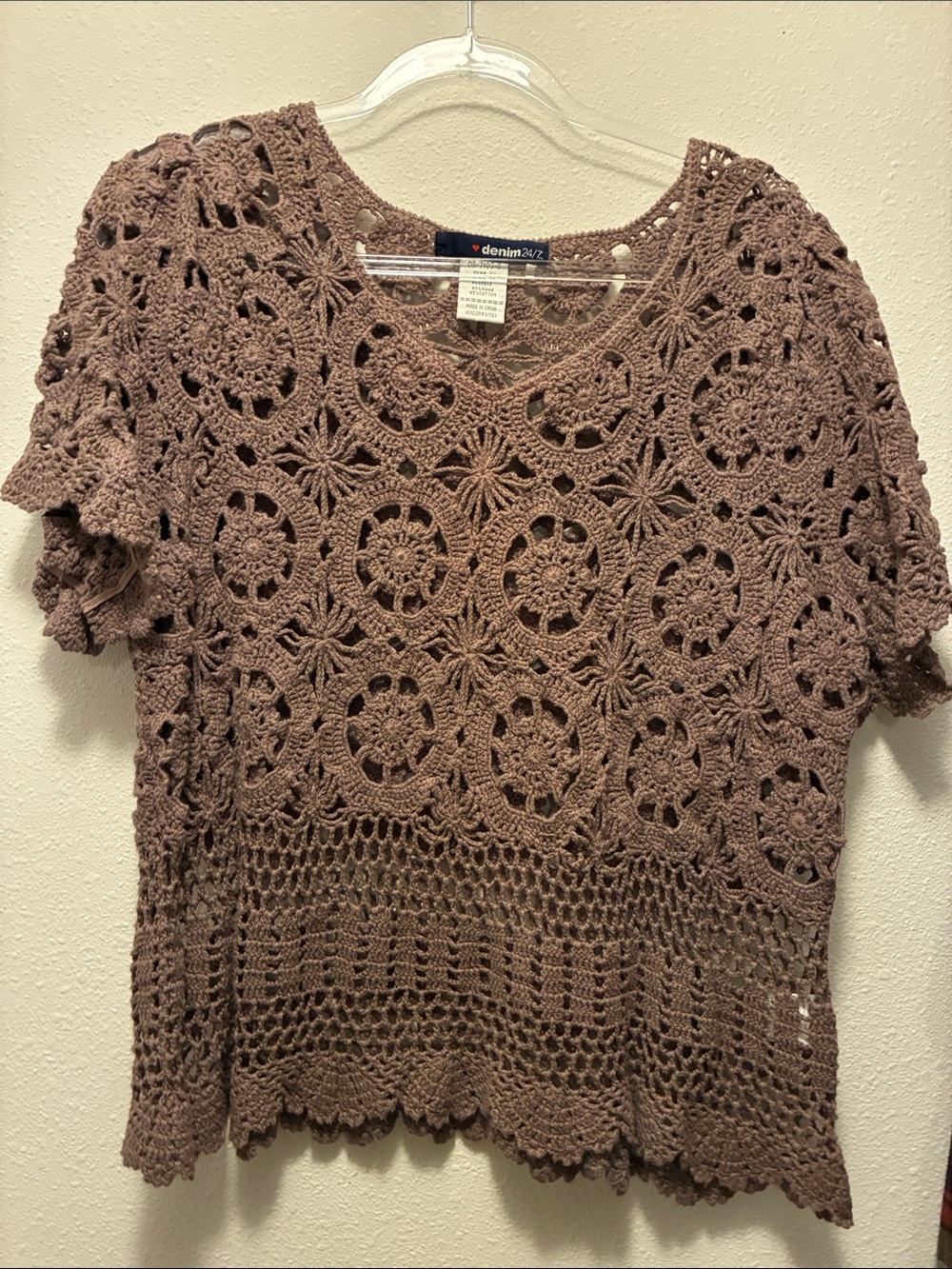 Denim 24/7 Taupe Crochet Short-Sleeve Tunic Top
